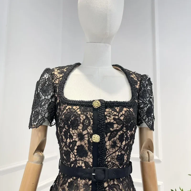 New Collection high quality fashion black floral hollow out vintage lace mini dress for women