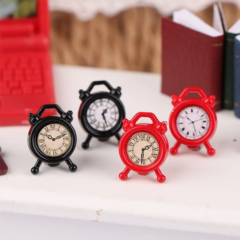 1PC 1:12 Dollhouse Miniature Simulation Metal Alarm Clock Mini Clock Ornaments Bedroom Living Room Home Office Decor Toys Gifts