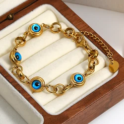 Greatera Lucky Turkish Evil Eye Beads Chain Stainless Steel Bracelets for Women Gold Plated Charm Waterproof Jewelry