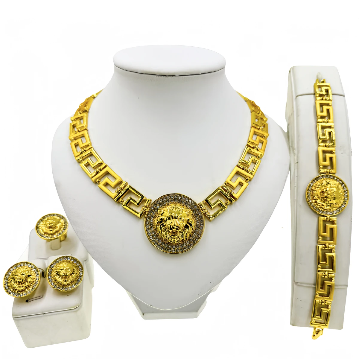 

African Jewelry Set for Women Dubai Collares Costume Lion Crystal Necklace Statement Earrings Gold Bracelets Ring Wedding Gifts