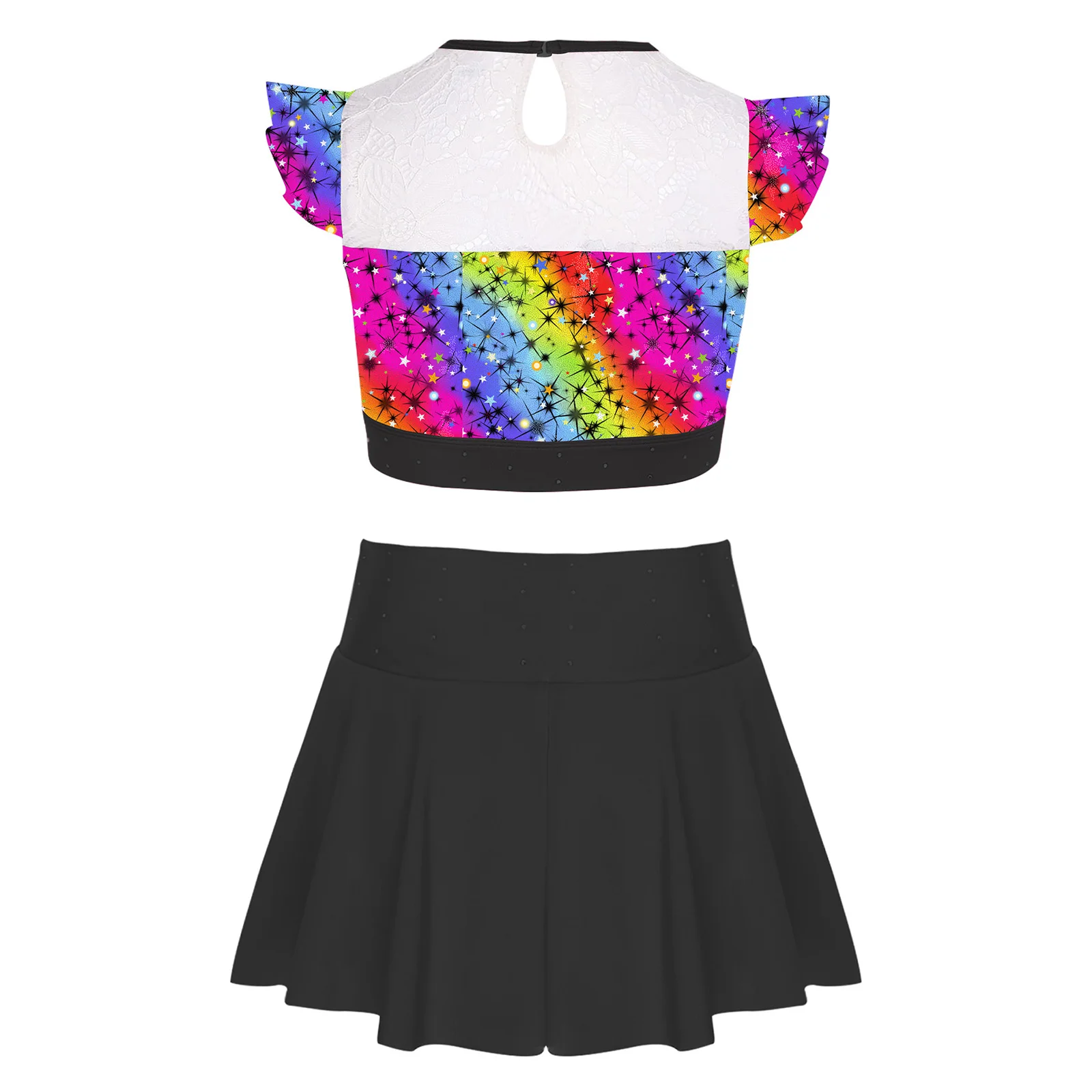 2 個女の子チアリーディングユニフォーム体操ベリーダンスパフォーマンス衣装中空レーススポーツトップ + 光沢のあるダイヤモンドスカートショーツセット