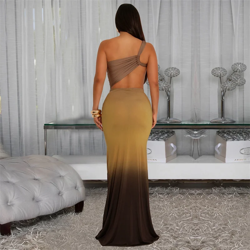 Doyerl Gradient Print Ruched Bodycon Maxi Dress Women Evening Elegant Night Club Party Sleeveless Draped Prom Dresses Vestidos