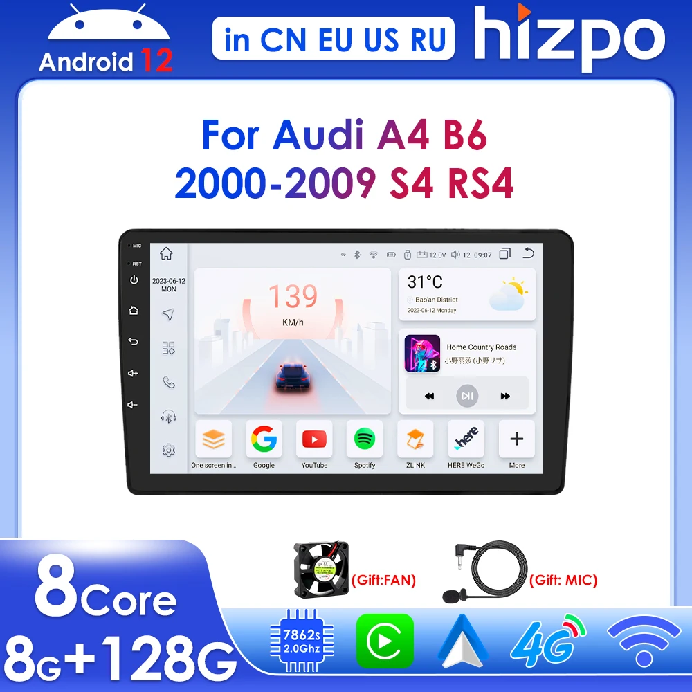 

Hizpo 9-дюймовый беспроводной Carplay Android Auto для Audi A4 B6 2000-2009 Seat Exeo автомобильный радиоприемник мультимедийный плеер GPS Navi RDS BT 4G стерео