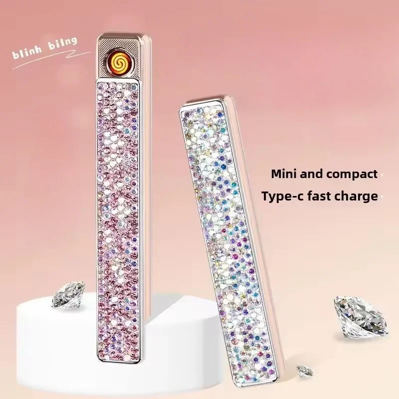 New Women's Lighter Fashion Cute Mini Diamond USB Lighter Outdoor Windproof Compact Electric Lighter Smoking Girl Gift