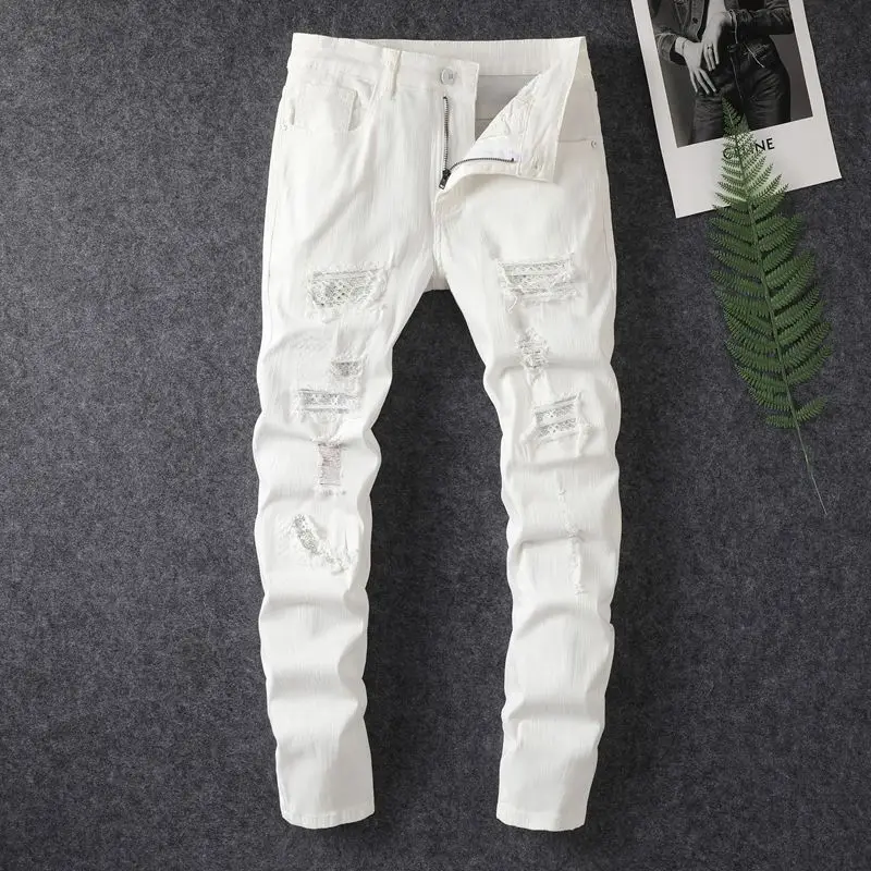 New MEN'S jeans fashion White casual hole patch hot diamond elastic straight fit versatile washed cotton youth denim pants