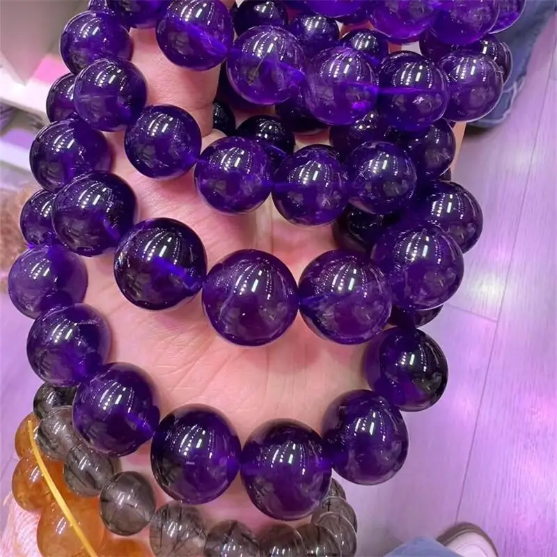14MM Natural Uruguayan Amethyst Bracelet Fashion Reiki Gemstone Round Beads Jewelry Couple Holiday Gift 1PCS