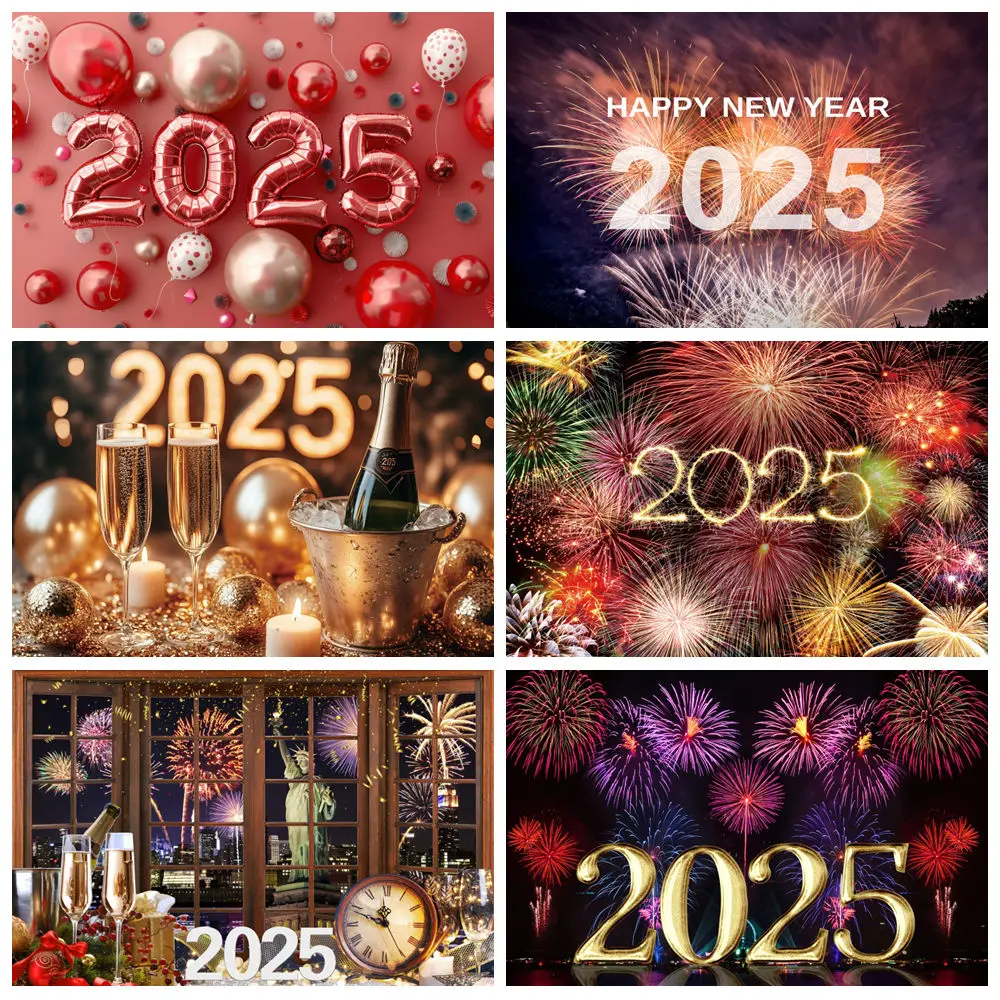 

2025 Happy New Year Backdrop For Photography Fireworks Glass Champagne Family Celebrate Party Decor Background Photo Studio Prop