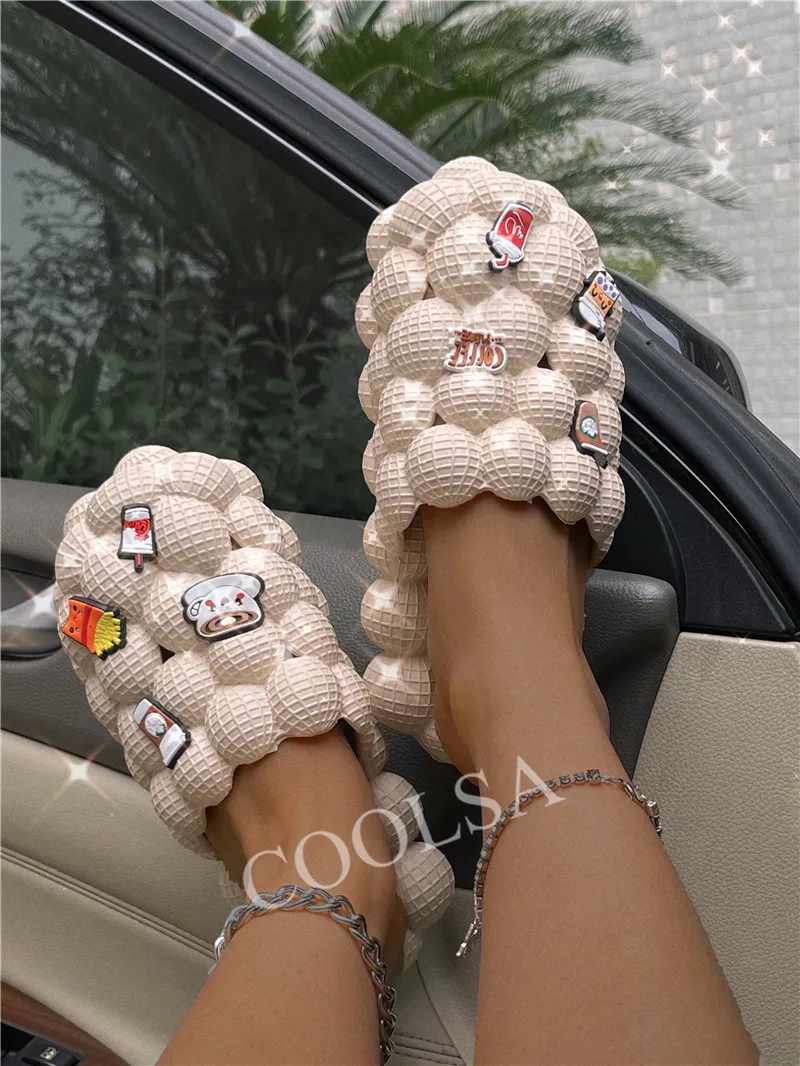 Women Slippers Creative Funny Flat Bubble Sandals Charming Designer Bubble Slides with Charms Couples Flip Flops Hollowed Slides