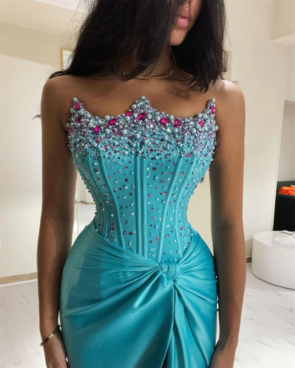 Flavinke Luxury Crystal Mermaid Evening Dresses Sparkle Satin Crown Beaded Formal Party Prom Dresses Occasion vestidos de noche