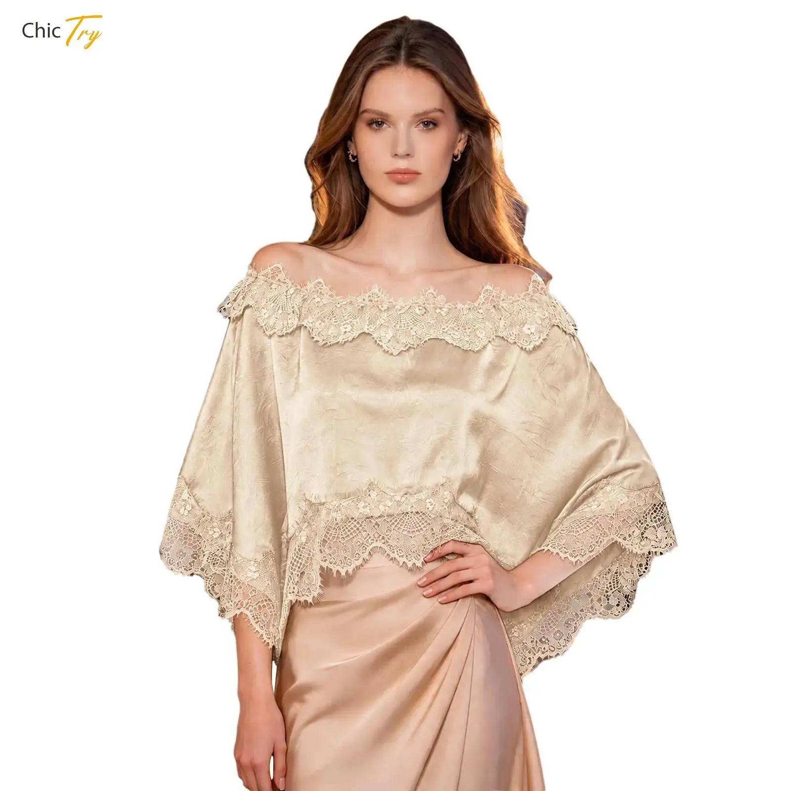Women Lace Trim Satin Cape Shawl Irregular Hem Cover Up Wraps Top for Formal Event Evening Party Prom Wedding Cocktail Banquets