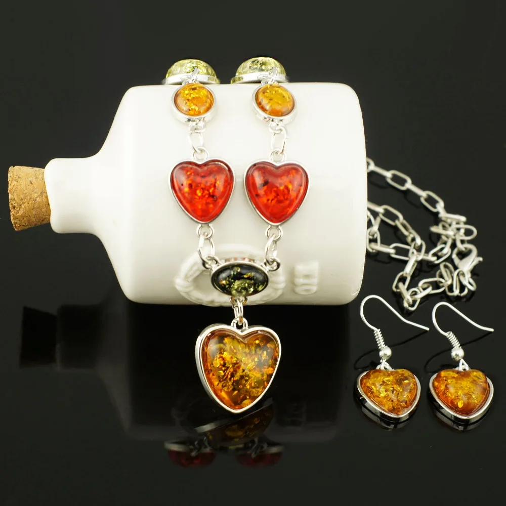 Elegant Multicolor Heart Simulated Imitation Baltic Pendant Necklace Beautiful Earring Women's Wedding Jewelry Set L60201 New