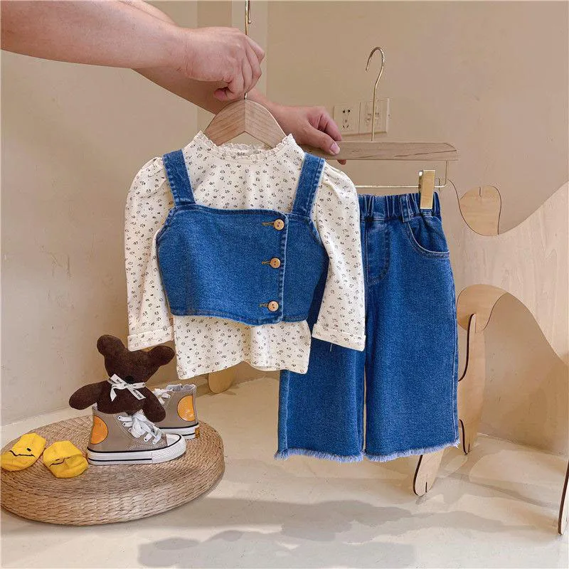 

3Pcs Girls Clothes Sets Autumn Spring Long Sleeve Shirt Tops Denim Vest Jeans Pants Trousers Kids Clothing Suit Children Clothes