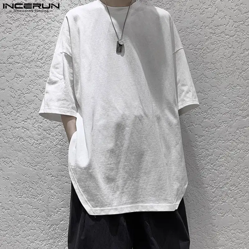 INCERUN Men Irregular T Shirt Solid Color O-neck Short Sleeve Loose Tee Tops Summer 2024 Streetwear Fashion Korean Men Clothing