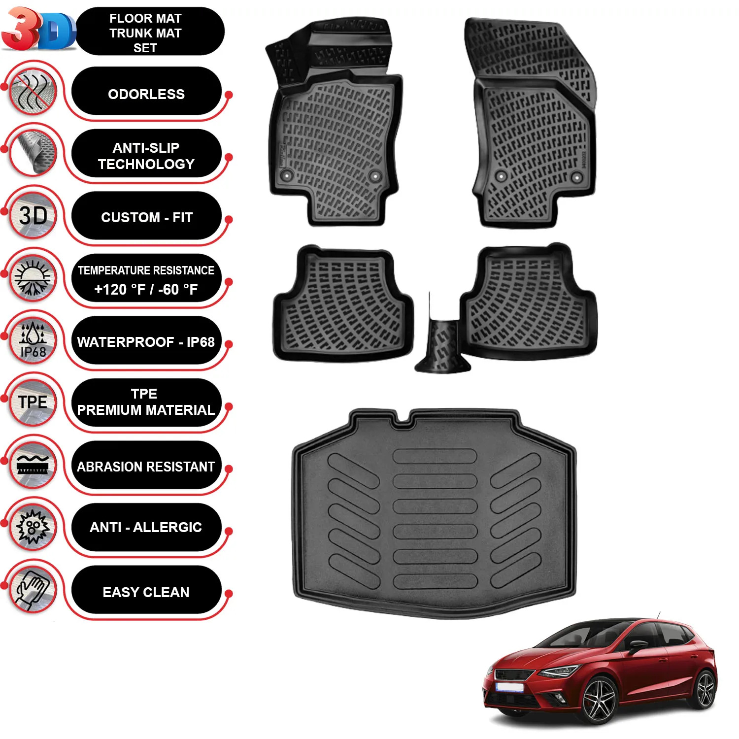 Seat Ibiza - (2017-2022) - Floor Mats + Cargo Trunk Liner - SET - (Black)