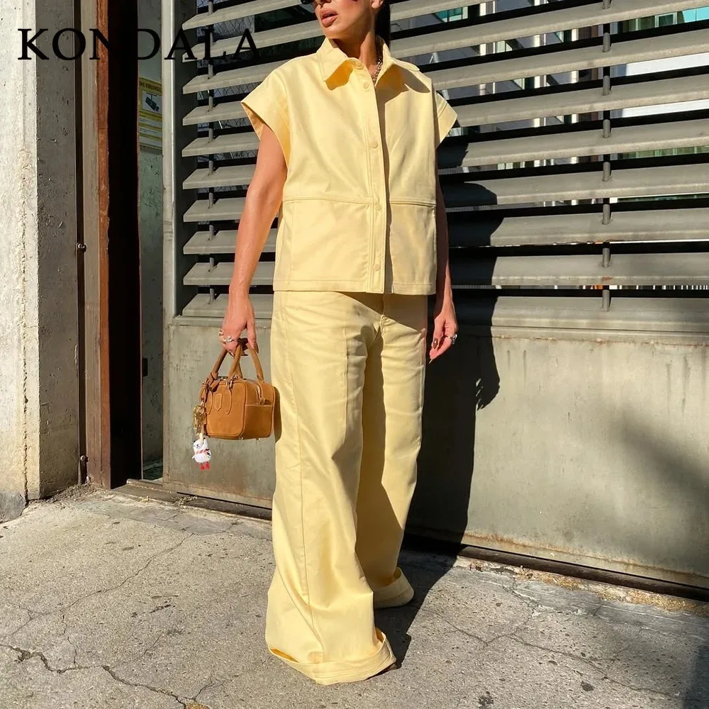 KONDALA 2025 Fall Winter Casual Butter Yellow Women Suits Fashion Single Breasted Turndown Collar Shirts Chic Wide Leg Pants