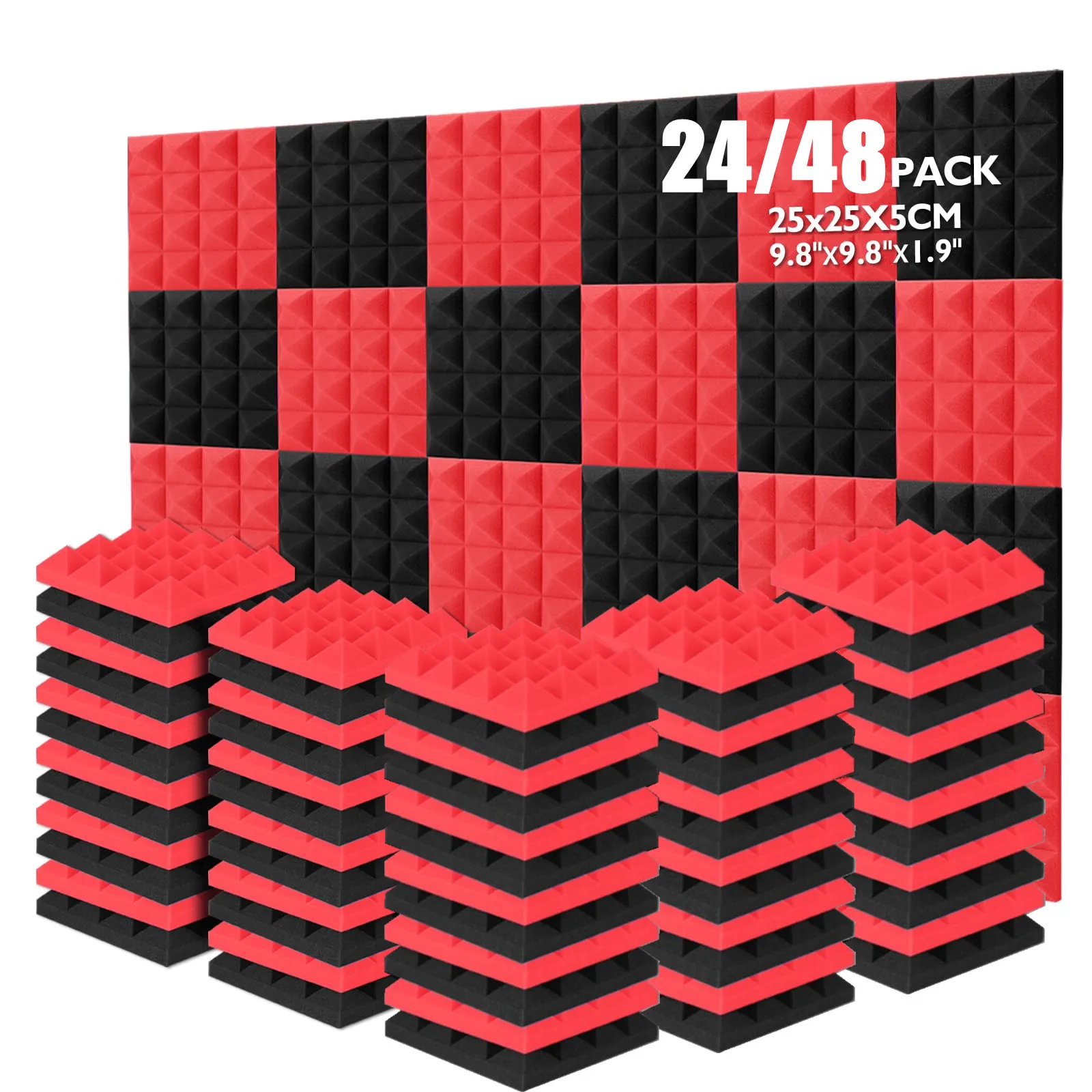 24/48Pcs 25x25x5cm Studio Acoustic Soundproof Foam Pyramid Noise Insulation Sound Absorption Treatment Panels Black and Red