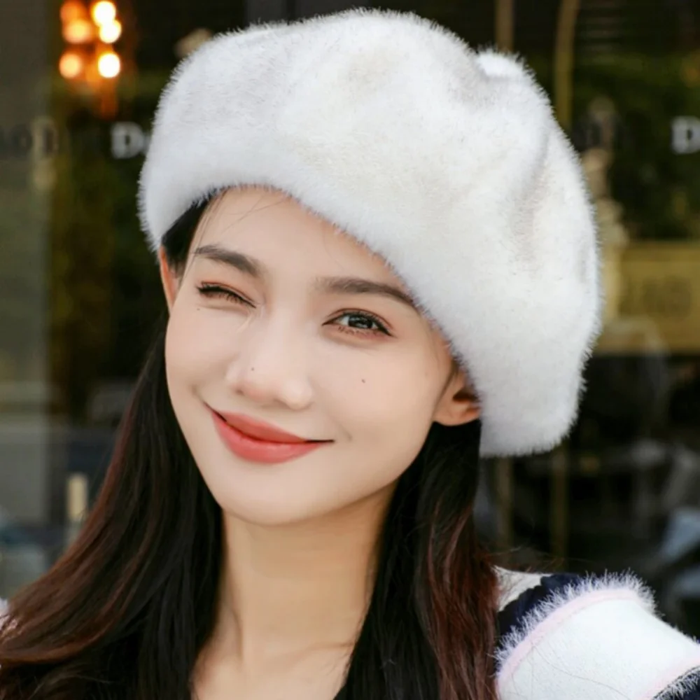 Elegant Lady Faux Mink Fur Beret British Vintage Painter Hat Luxury Quality Cashmere Warmer Felt Hat Berets Winter Beanies Hat