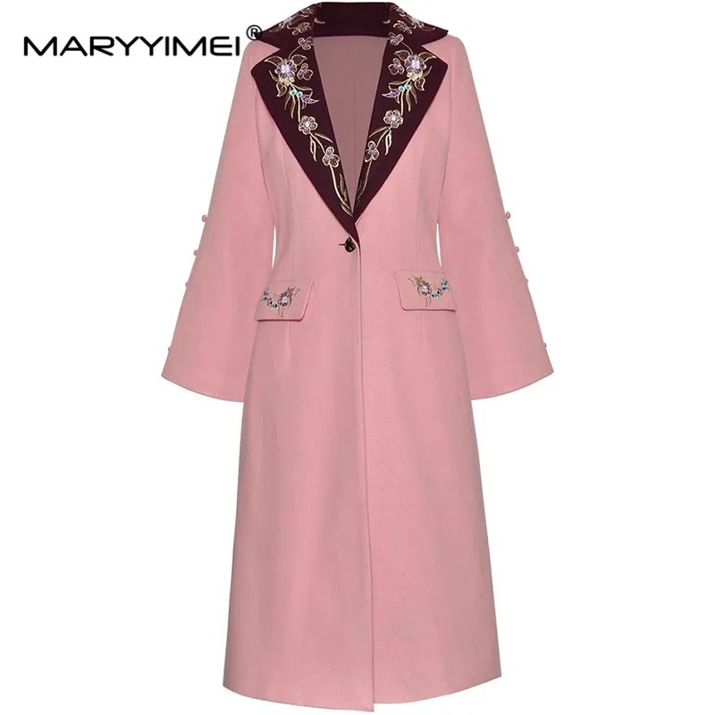 MARYYIMEI Fashion Design Women's Coat Notched Single-Button Embroidery Long-Sleeved Autumn and Winter Elegant Overcoat