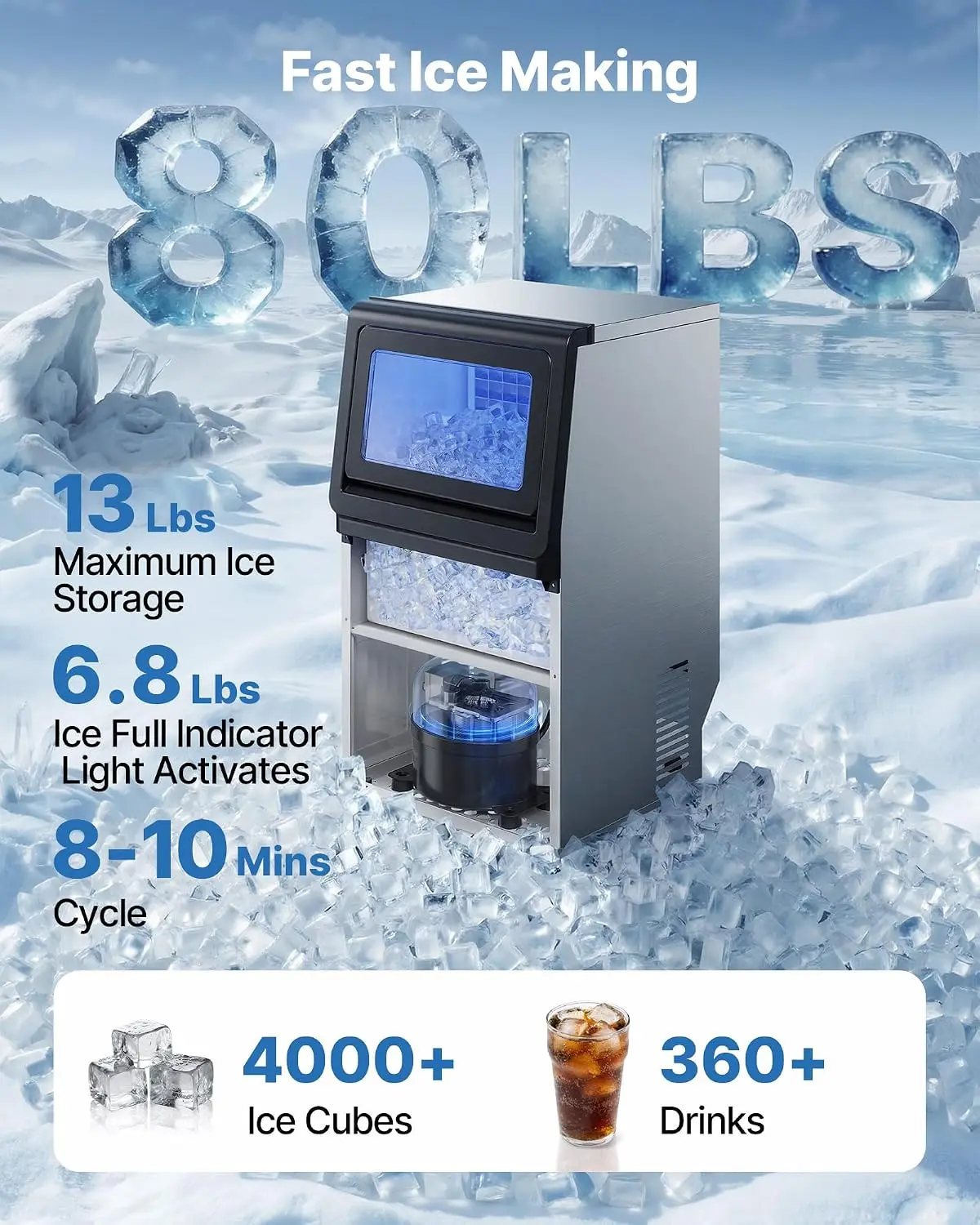 Commercial Ice Maker Machine, 80 lbs/24h with 6.8-13 lbs Storage Capacity, Countertop/Freestanding/Under Counter, Stainless Stee