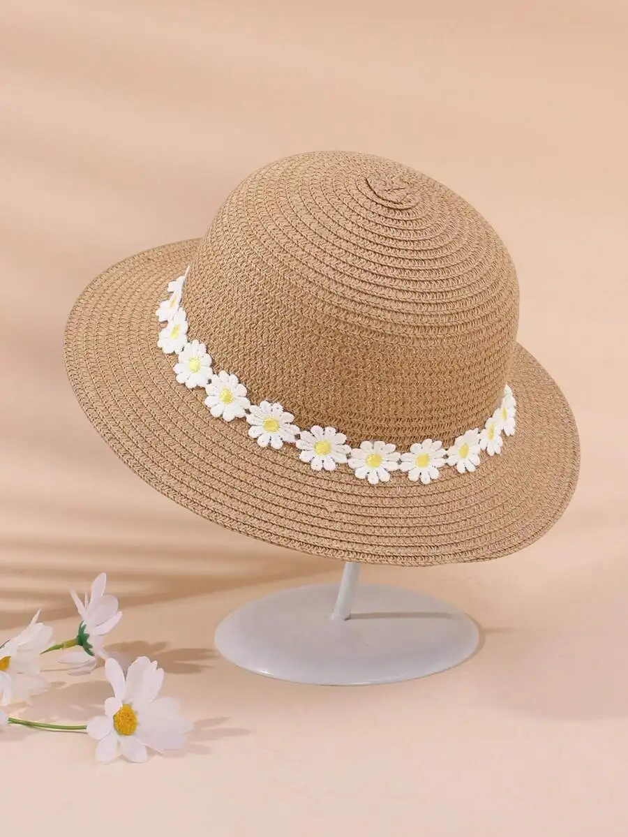 

Womens Straw Sun Hat With Daisy Flower Trim Flat Brim For Beach Summer