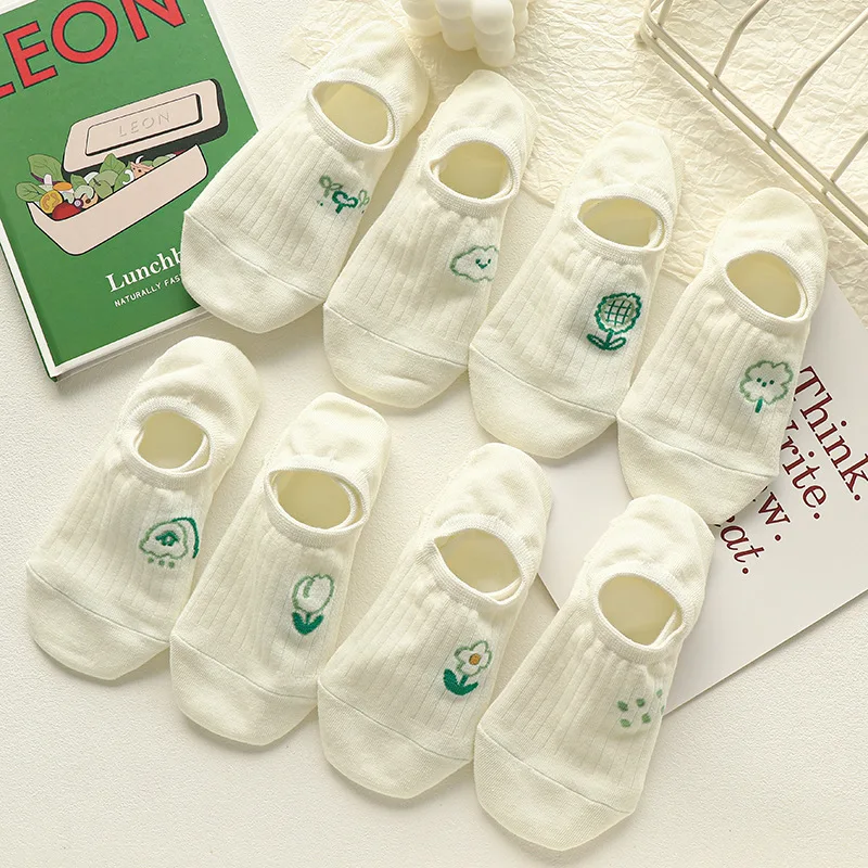 5 paires de chaussettes blanches d'été pour femmes de haute qualité mignon fleur visage bouche peu profonde invisible anti-dérapant mode bateau chaussettes EUR35-39