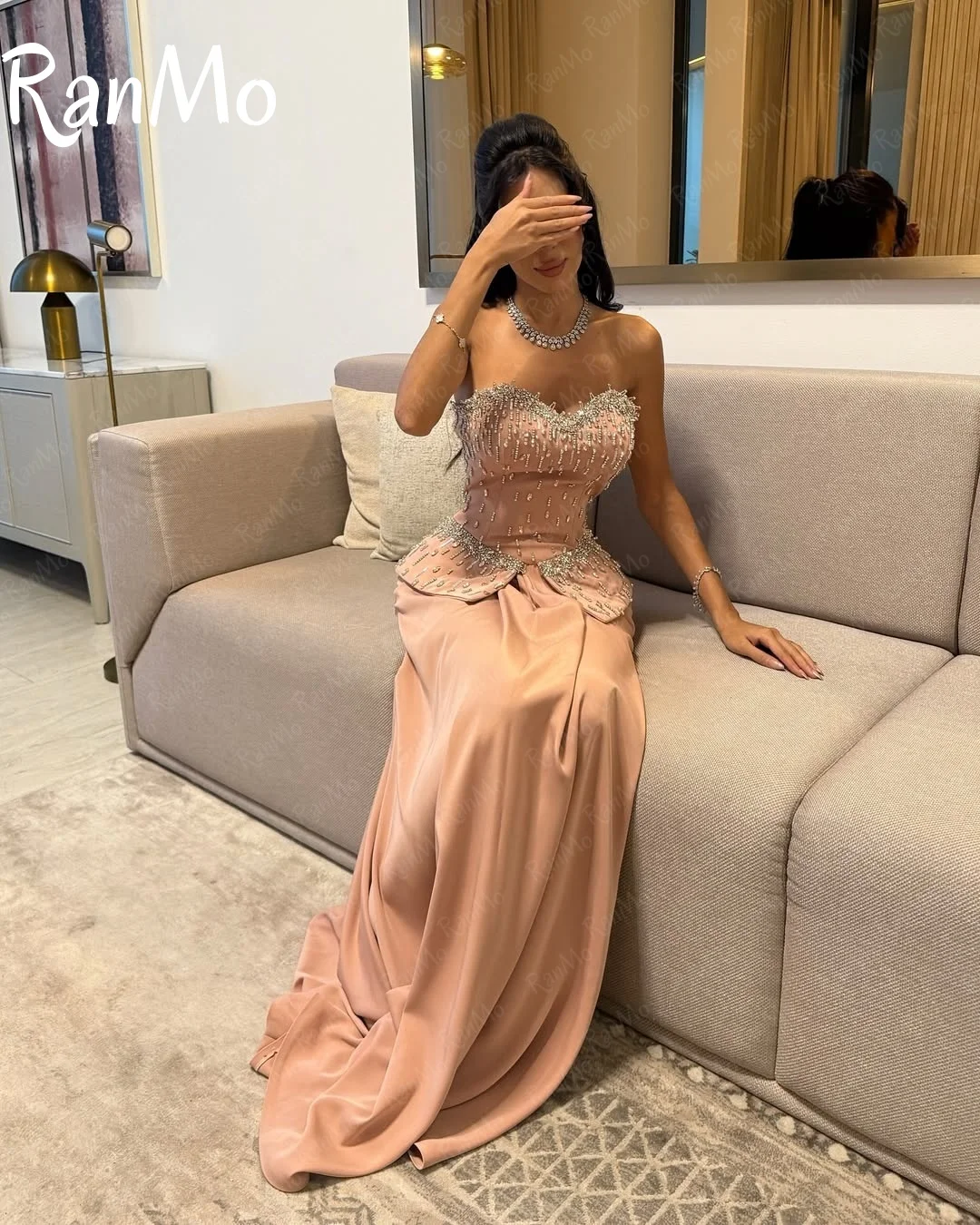 فستان المشاهير العربي بدون حمالات من Ranmo فستان فاخر مطرز على شكل حرف A للحفلات الراقصة من Vestidos De Noche لحفلات أعياد الميلاد مخصص