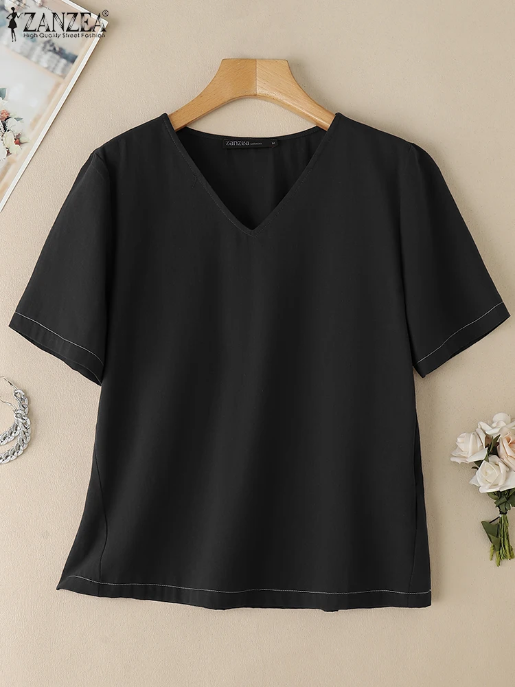 

ZANZEA Woman V-Neck Top 2025 Summer Casual Comfort Weekend Breathable Cotton T-Shirts Basic Short Sleeve Contrast-Stitch Blouses