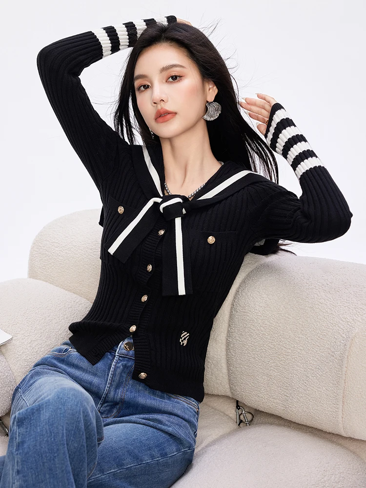 Navy Collar Knitted Cardigan Age Reduction Tops Women Clothing Autumn New Korean Fashion Long Sleeve Sweater