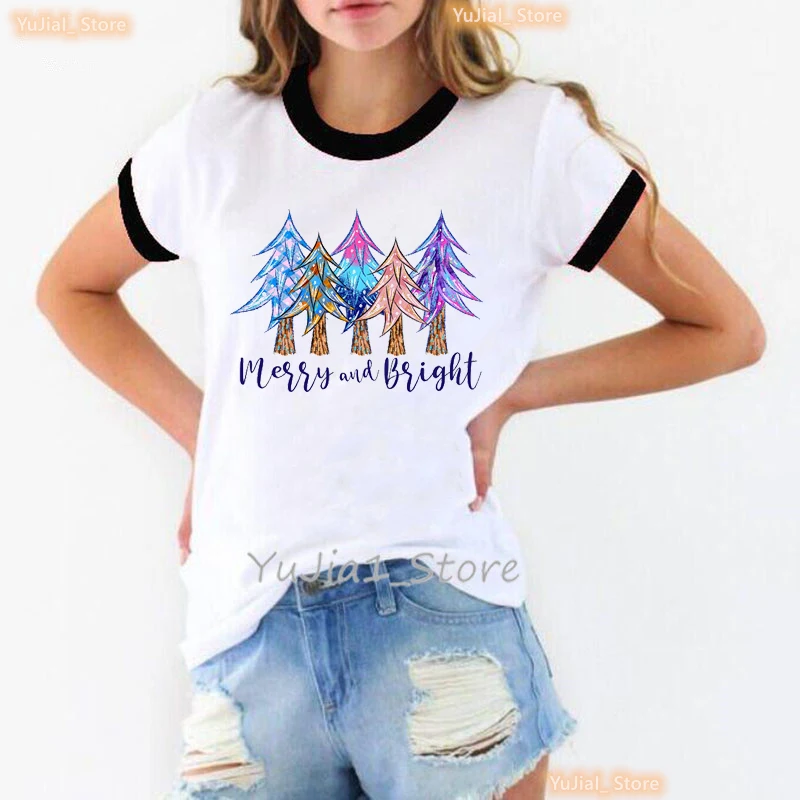 

Watercolor Merry Chrsitmas Tree Graphic Print T-Shirt Women Fashion Casual T Shirt Femme Short Sleeve T-Shirt Female Streetwear