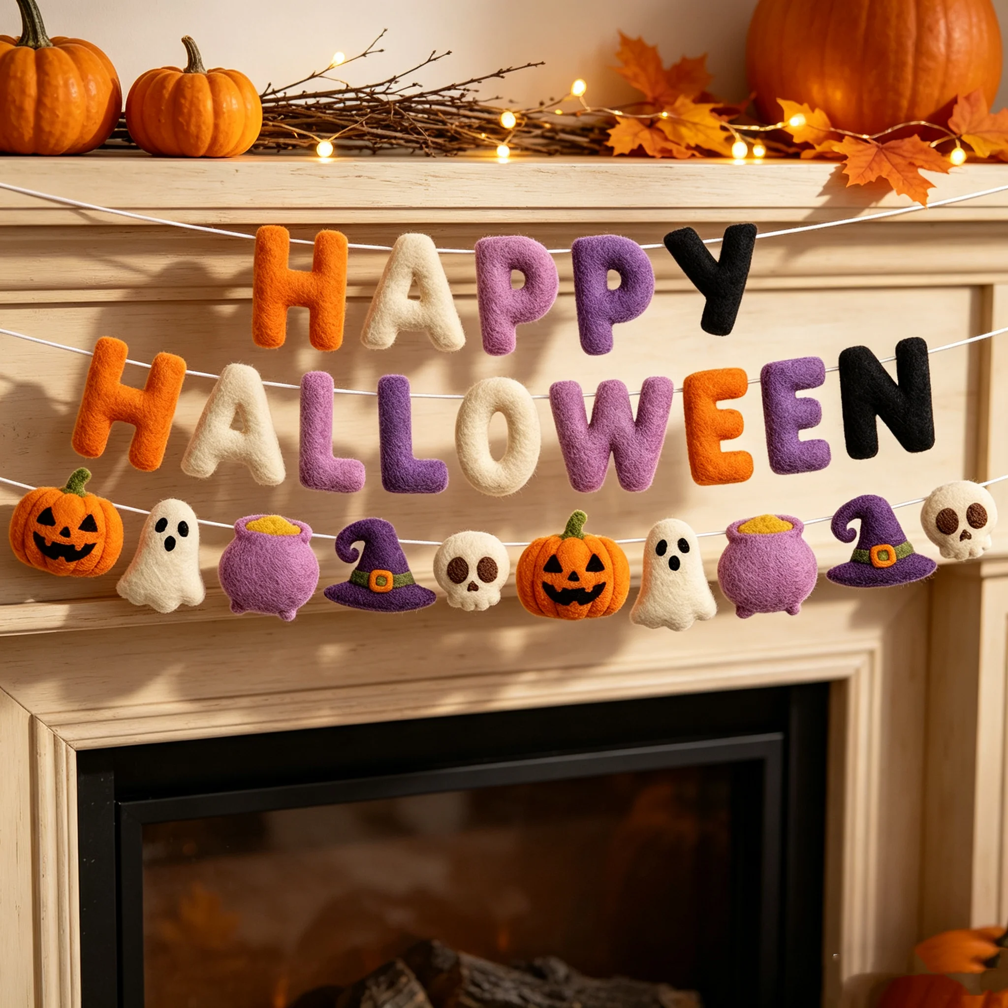 1 Set of Felt Happy Halloween Banner with Fluffy Orange, Purple, and Black Letter Bunting, Featuring Pumpkin, Witch Hat, Cauldron, Skeleton Cutouts, Halloween Fireplace Decorations, Tabletop and Hanging Decorations. Halloween Gift