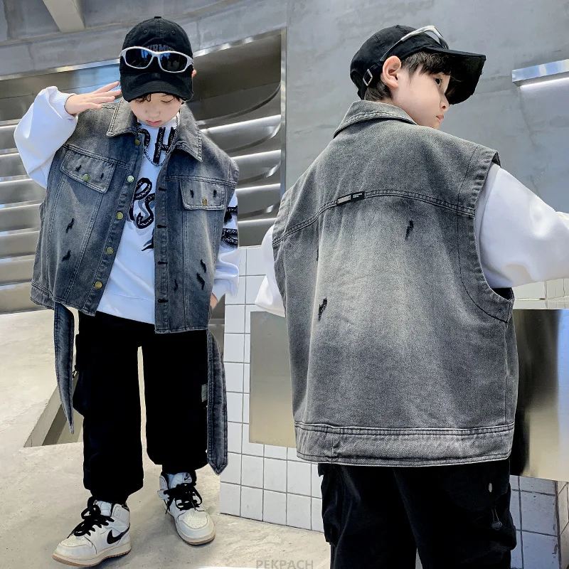 Kids Designer Vintage Black Denim Vest For Boys Fashion Sleeveless Jacket Outfits Children Classic Denim Ripped Waistcoat 5-14Y