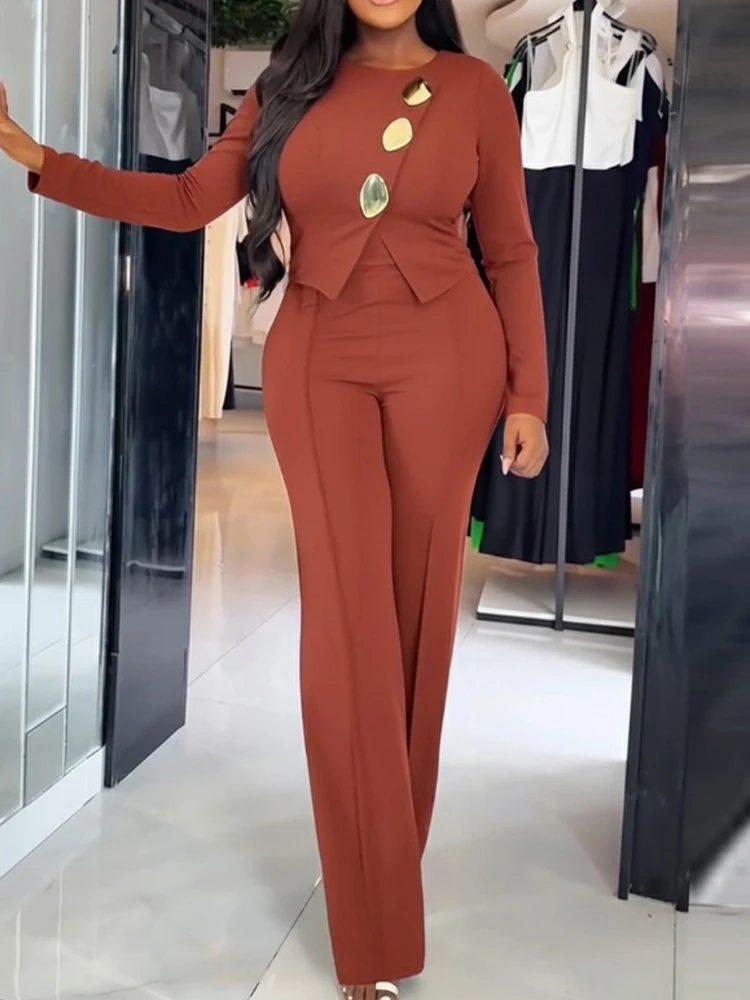 

Button Decor Long Sleeve Overalls Casual Zipper Back Faux Two-Piece Jumpsuit