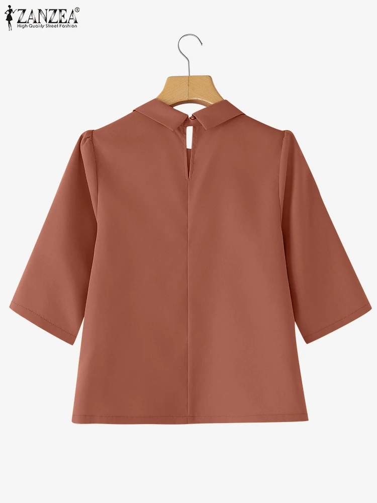 ZANZEA بلوزات بمقاسات كبيرة للنساء موضة خريف 2025 3/4 كم قمصان متينة غير رسمية فضفاضة ذات طية صدر السترة Blusas Femininas ربطة القوس فيونكة 5XL #5