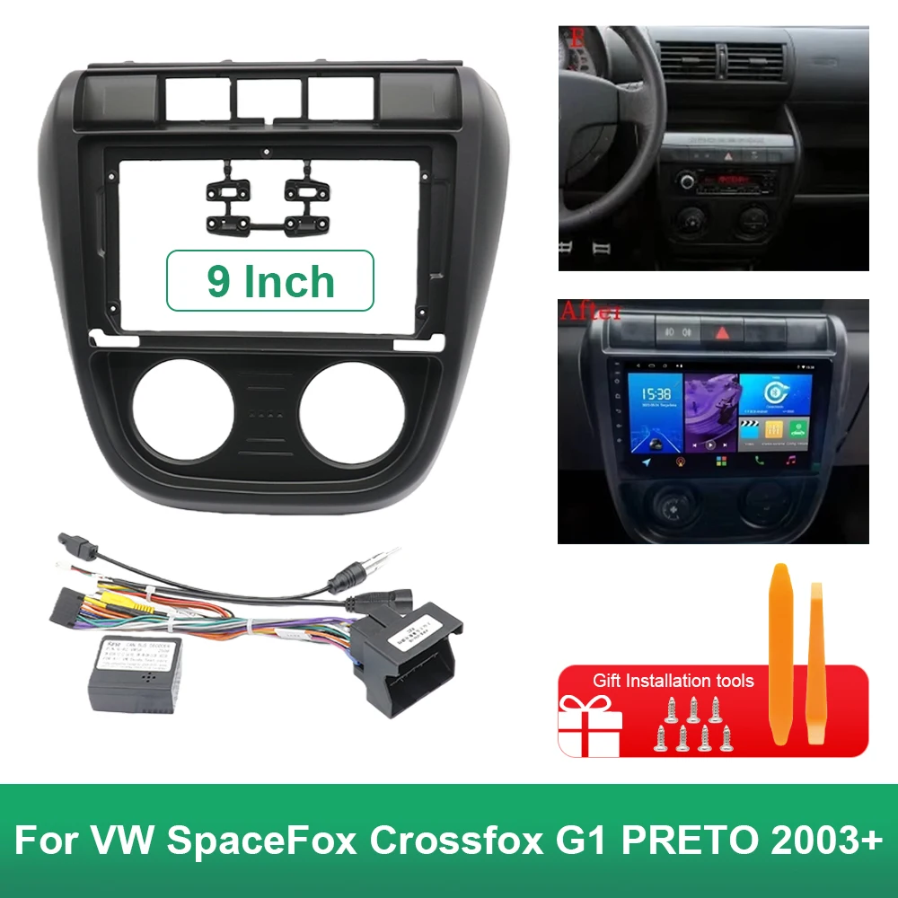 Adaptador de marco de Fascia para coche de 9 pulgadas, decodificador de caja Canbus, Kit de Panel de montaje de tablero de Radio Android para VW SpaceFox Crossfox G1 PRETO 2003 +