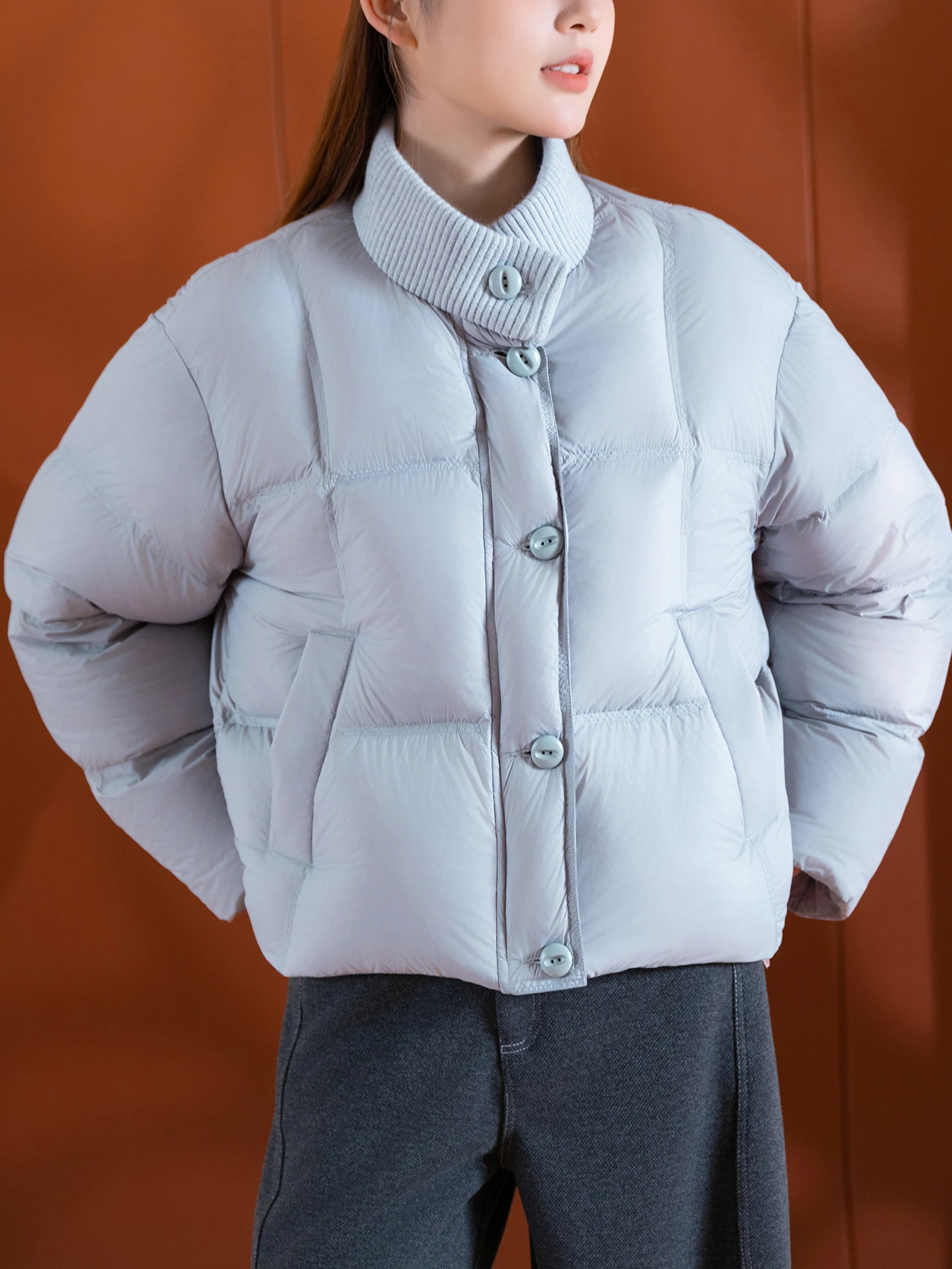 

Polied Windproof ell down Jaet Du Feather Double Layer Knitted Collar Stand Collar Padded Coat Simple Commute Sle