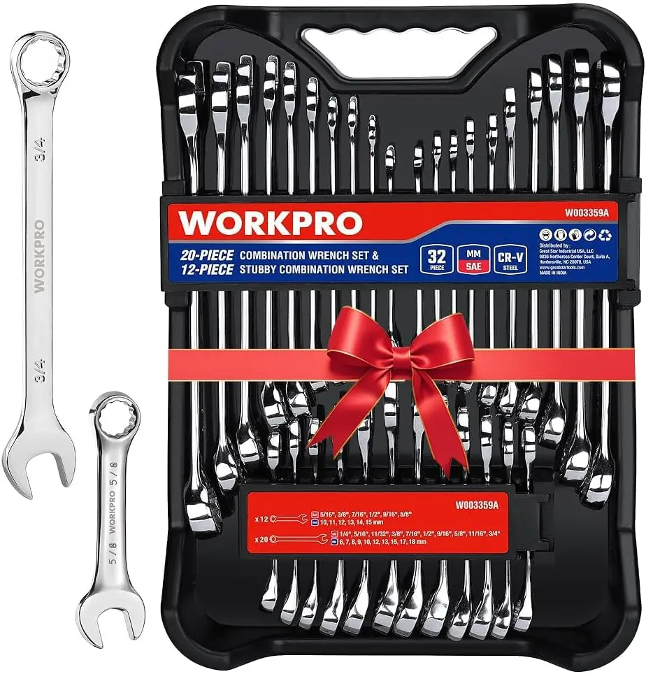 

32-Piece SAE & Metric Combination Wrench Set with Stubby Wrenches and Organizer Tray, Chrome Vanadium Steel