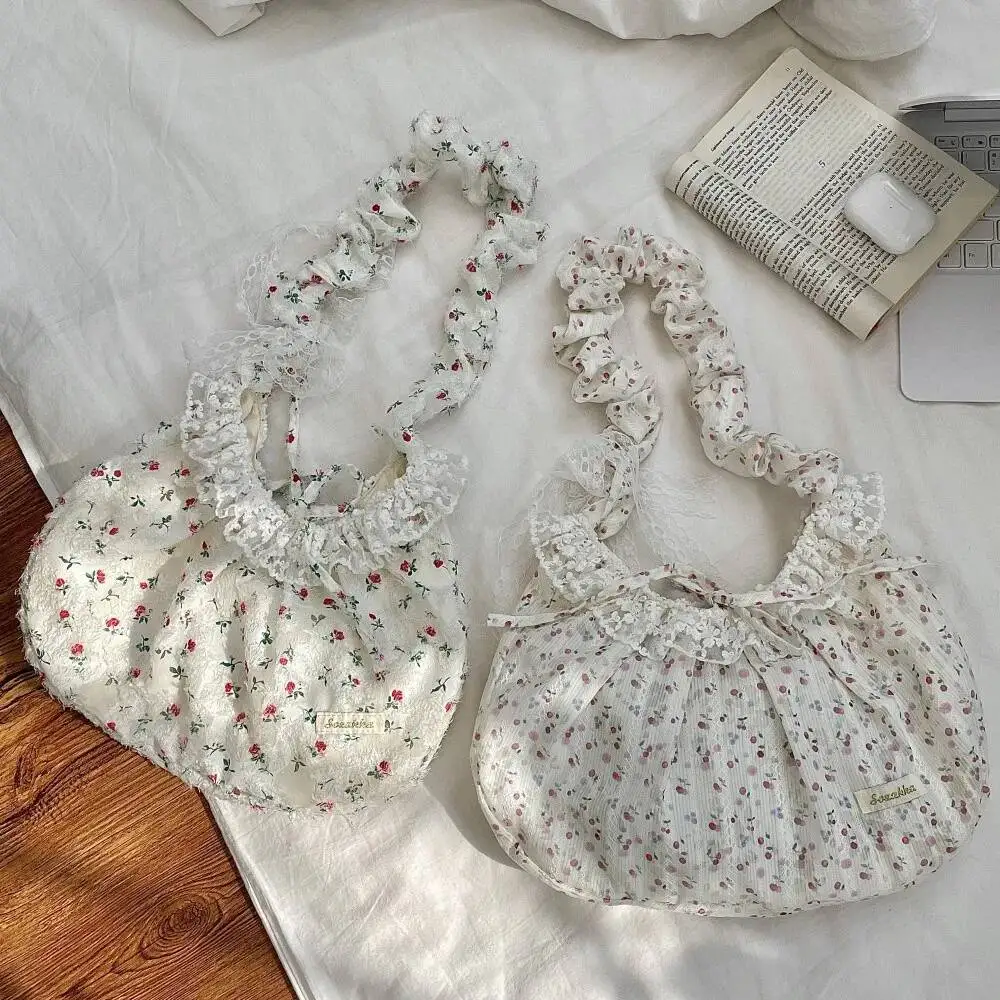 Bloom Fairycore Aesthetic Floral Handbag Purse Women Sweet Cute Lace Bow Y2k Shoulder Female Casual Crossbody Bags 2025