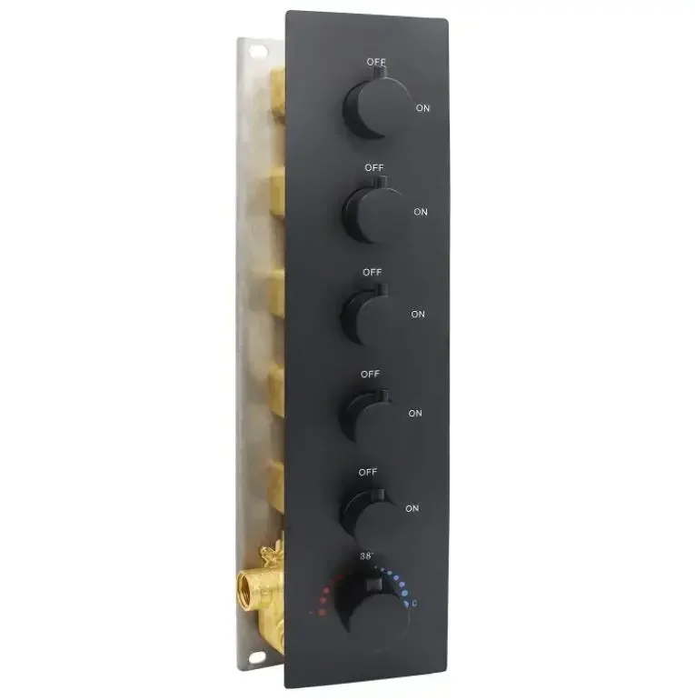 

Brass Concealed 5-Way Thermostatic Valve Shower Mixer Water Diverter with Round Knobs Black, Work Simultaneously Individually