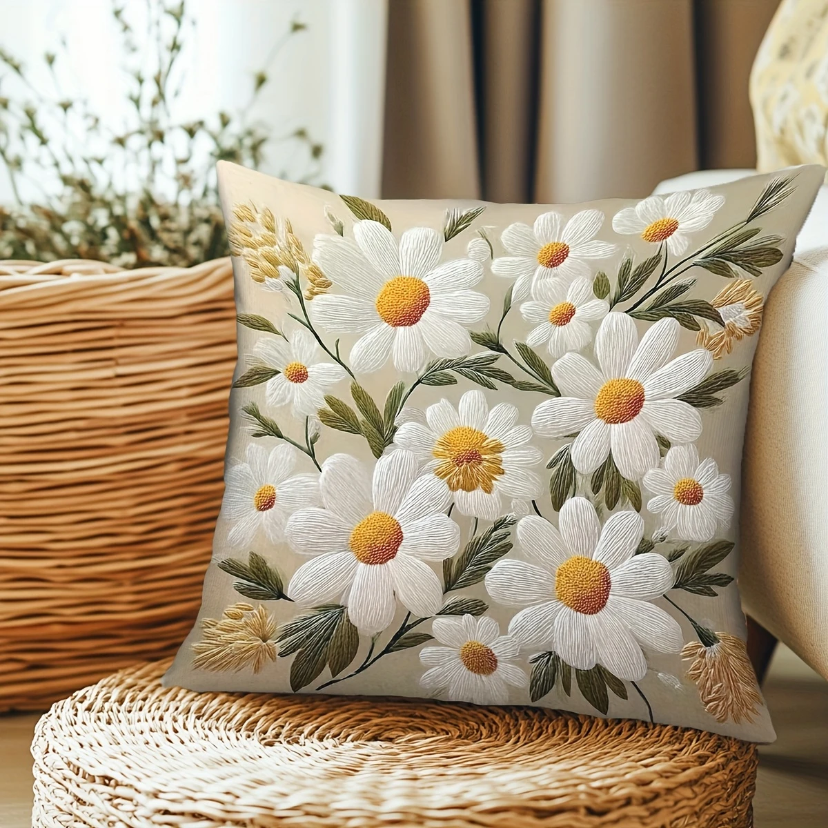 Vintage Daisy Flower Print Pillow Cover Look Floral Soft Throw Pillow Case for Spring Home Sofa Bedroom Decor Gift