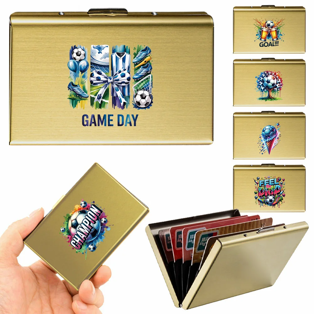 Slim Gold Business Card Holder Portable Metal Pocket Name Card Case For Business Travel Men Women Gift Soccer Pattern