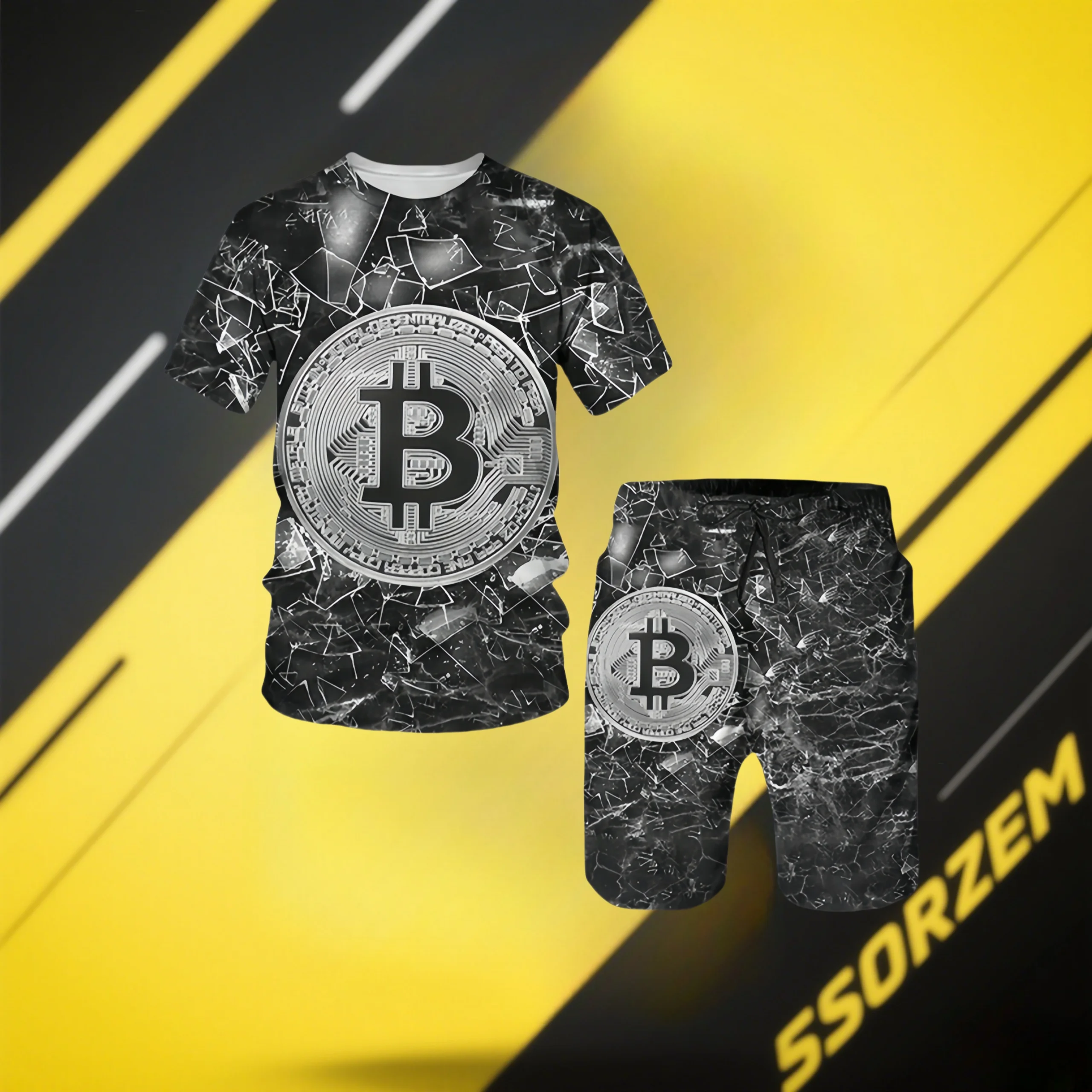 

2025 Fashion Bitcoin 3D Print T-Shirts Shorts Sets Men's Tracksuits Oversized Short Sleeve T Shirt Pants Set Suits Camping