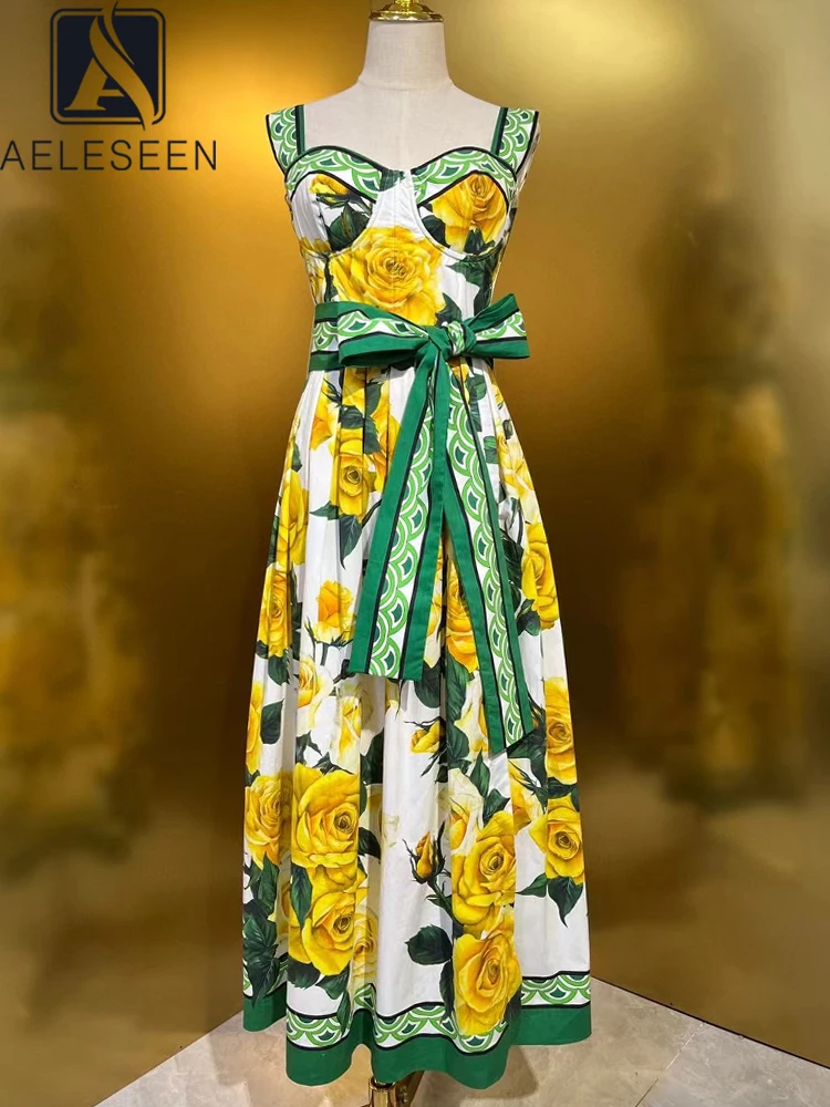 

AELESEEN Sicilian Summer Long Dress Women 100% Cotton Spaghetti Strap Yellow Green Flower Print Belt Elegant Beach Camisole