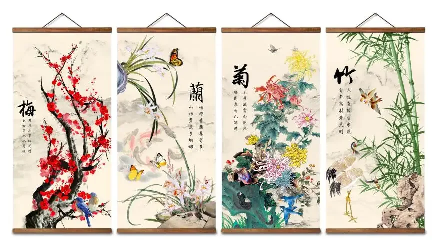 MT0088 Chinese Style Orchid Bamboo Chrysanthemum Bird Decorative Wall Art Canvas Posters Solid Wood Scroll Paintings