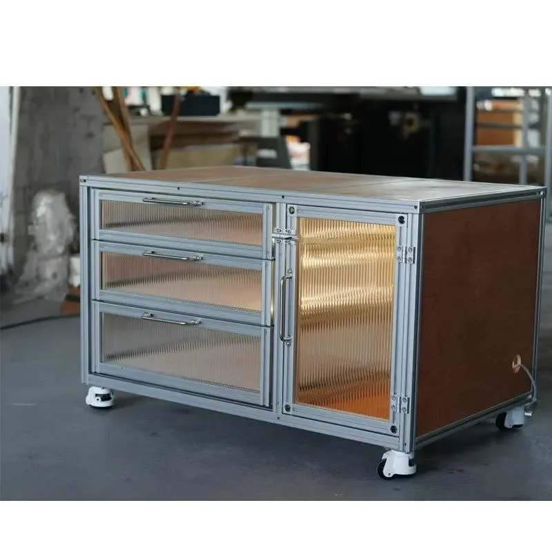 Industrial Style Aluminum Profile Multi-layer Drawer Storage Cabinet with Wheels for Mobile Storage Box with Glass Door