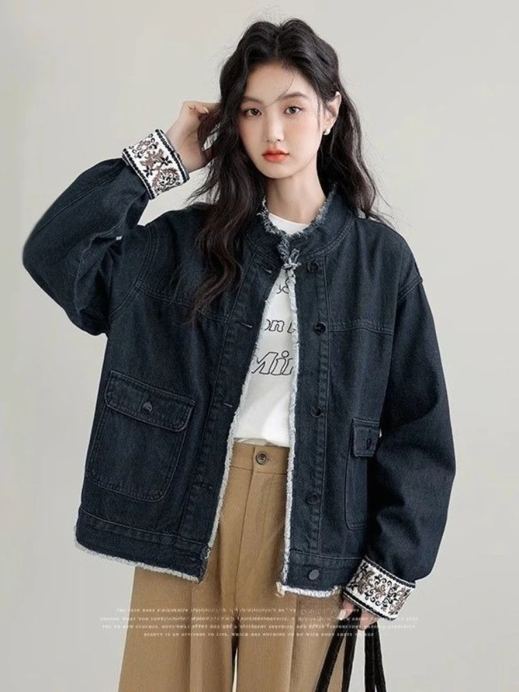 

Весенне-осенняя винтажная джинсовая куртка с воротником-стойкой, женская свободная короткая куртка с рюшами и рукавами, вышивкой, шикарное