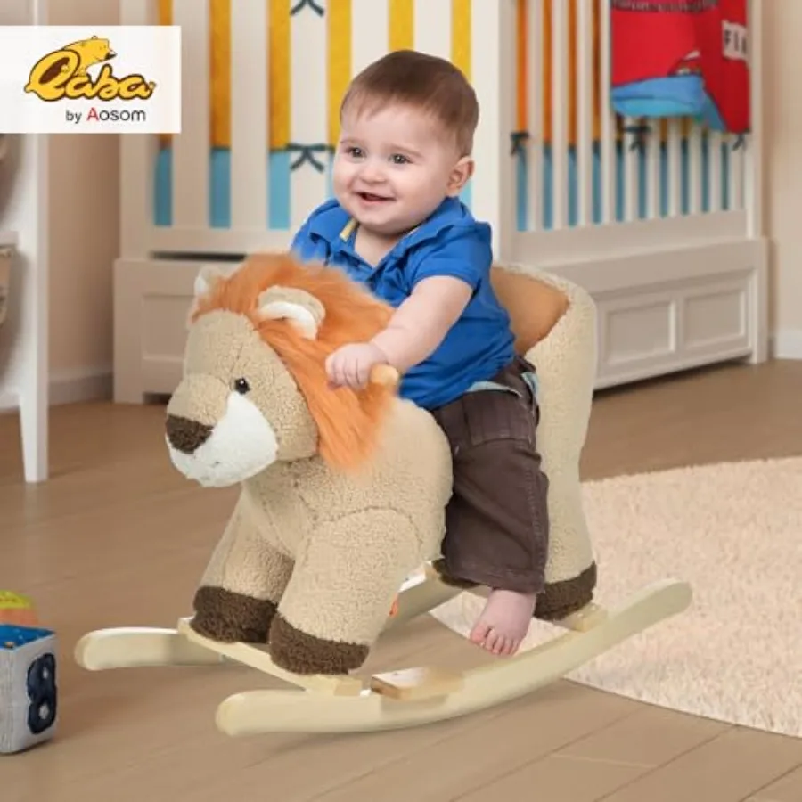 Baby Rocking Horse Lion with Sound, Plush Stuffed Rocking Animals, Wooden Rocking Horse with Seat Belt for -36 Months Boys and