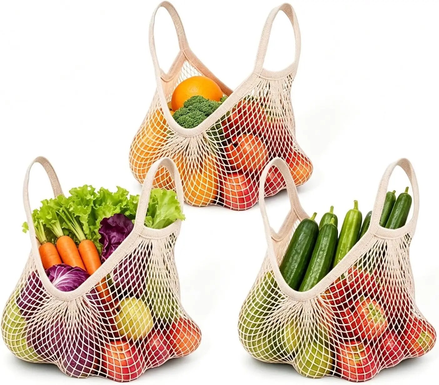 

Reusable Cotton Mesh Grocery Bags, Net Shopping Bags, Pack of 3 (Beige)