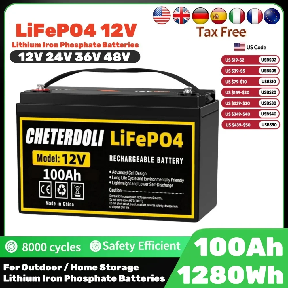 【Gudang AS】 Paket Baterai LiFePO4 12V 100Ah dengan 100A BMS untuk RVs Vans Trolling Motor Kereta Golf & Berkemah Tahan Lama