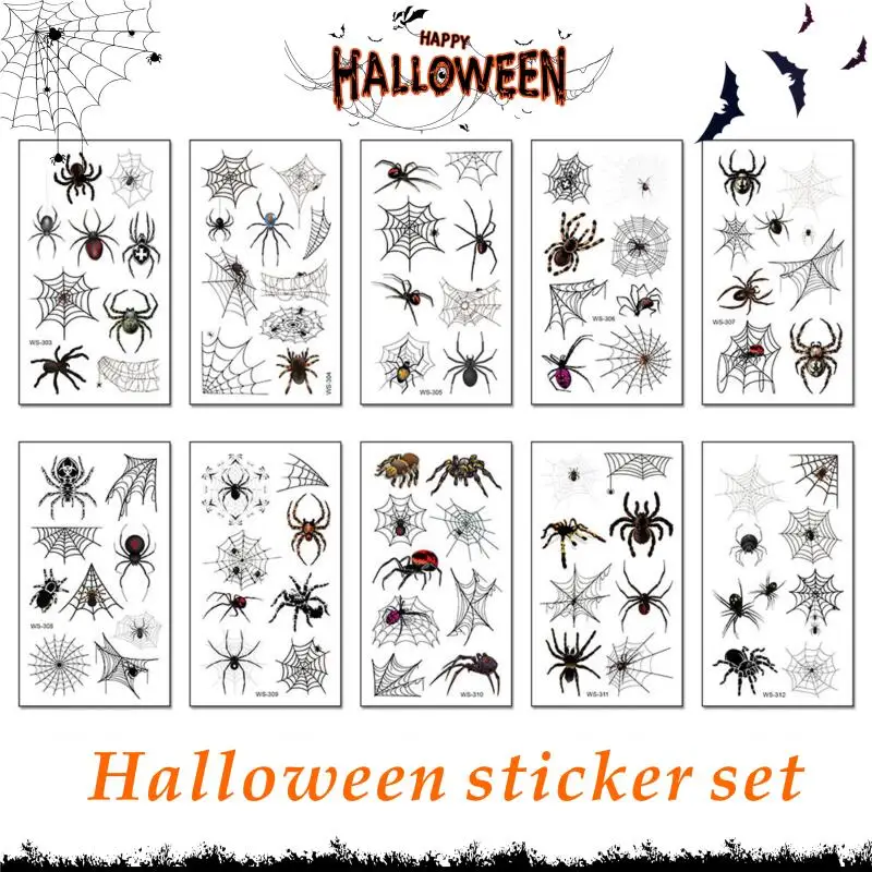 

10 Sheets Halloween Spider Tattoo Stickers Waterproof Fake 3D Spider Web Temporary Tattoos Unisex Party Scary Body Decals Art