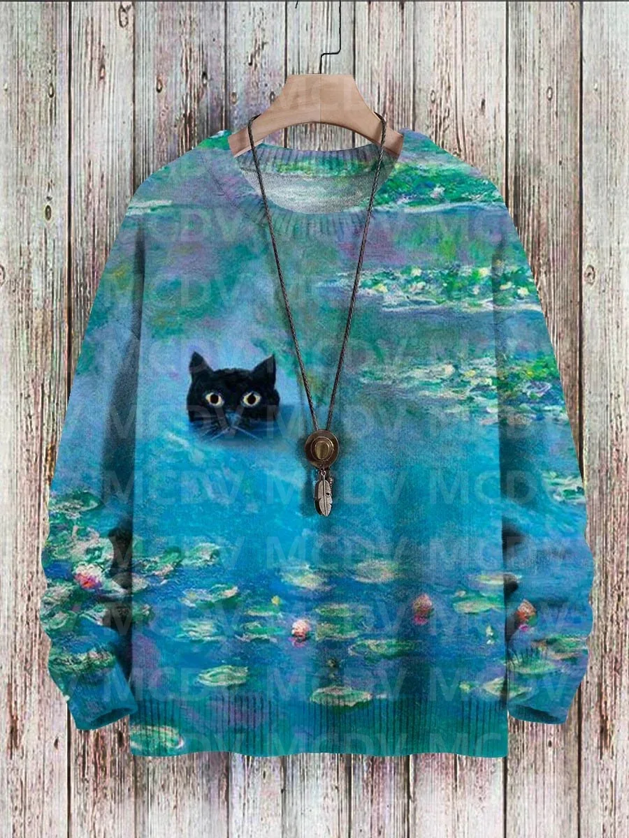 Cute Black Cat In The Water Lily Art Print Casual Knit Pullover Sweatshirt Women For Men Sweater